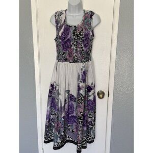 NWOT Metropolitan Midi Shirring Smock Dress Sleeveless Stretch Purple Floral